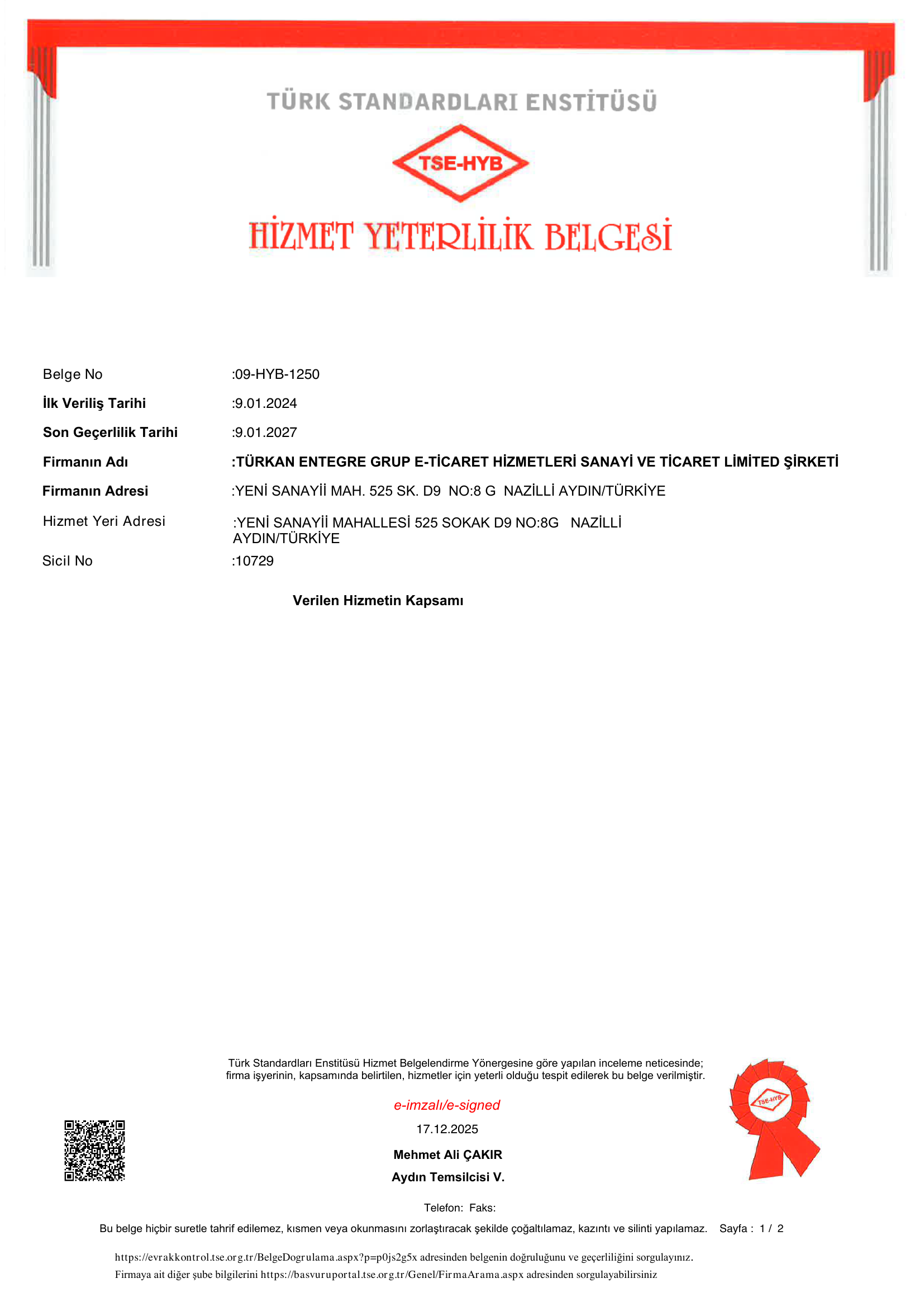 TSE Hizmet Yeterlilik Belgesi